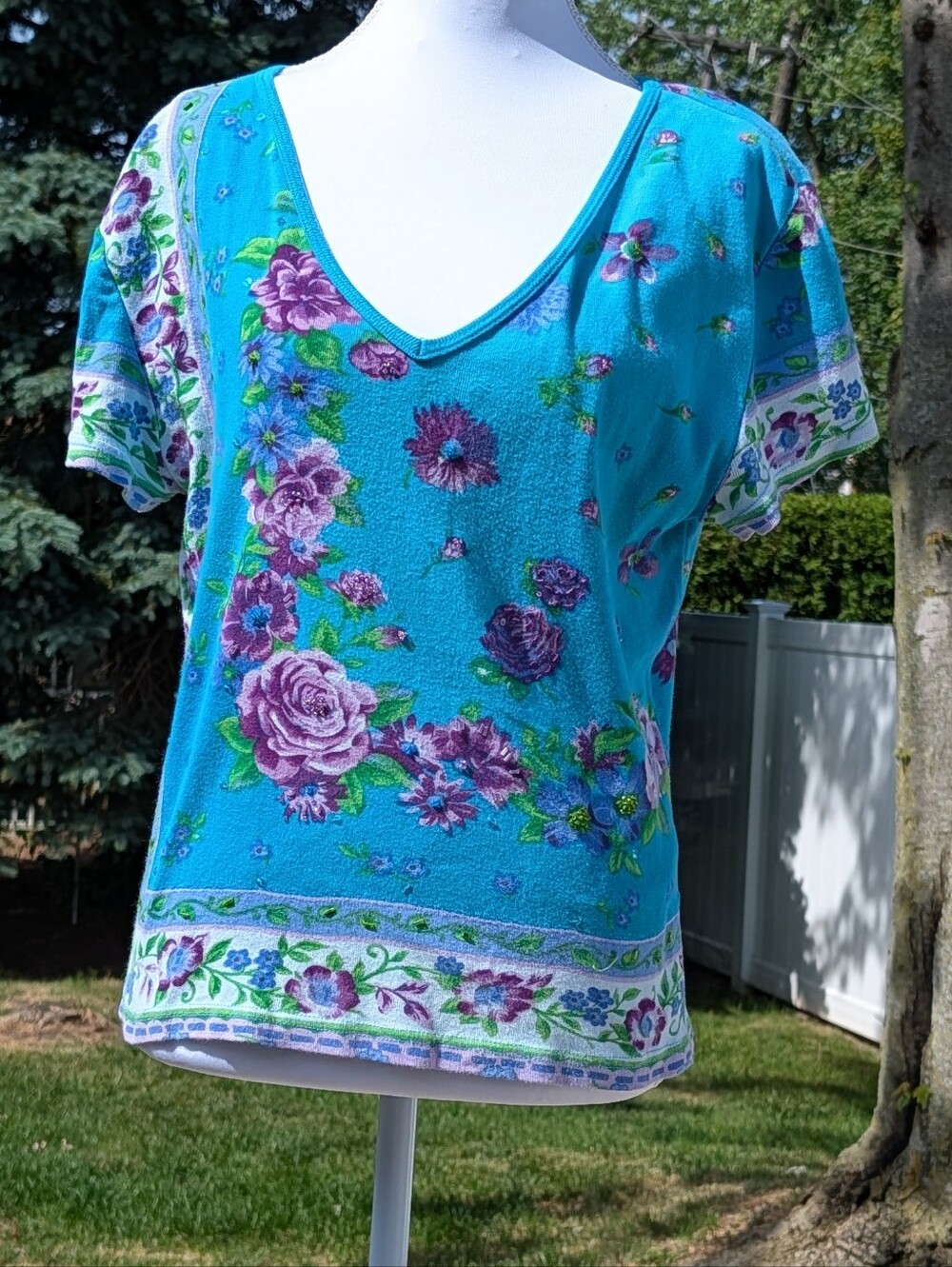 Vintage T-shirt Chaundry Sports Colorful Turquoise Purple Roses Sequins Crop XL